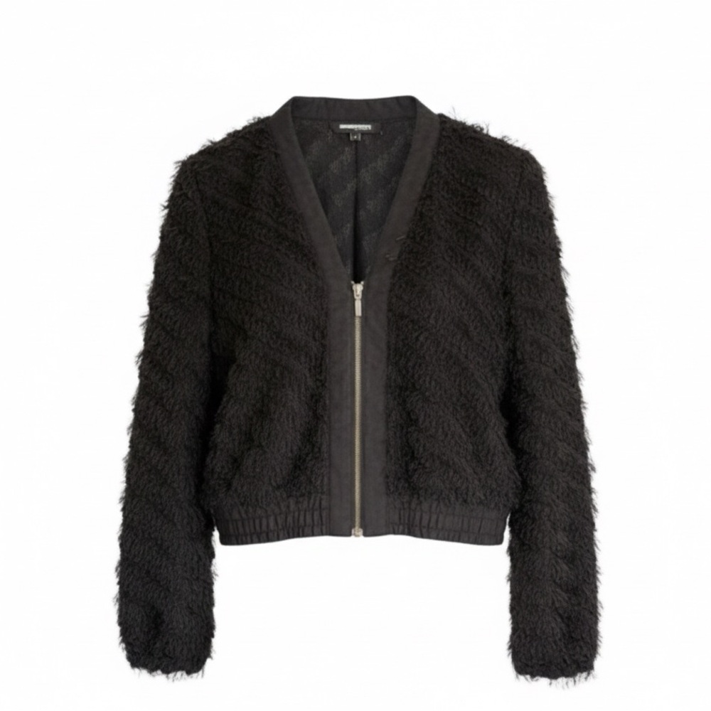 Attitude Jay Manuel Shaggy Eyelash Fringe Black Zip Up Bomber Jacket Size 8